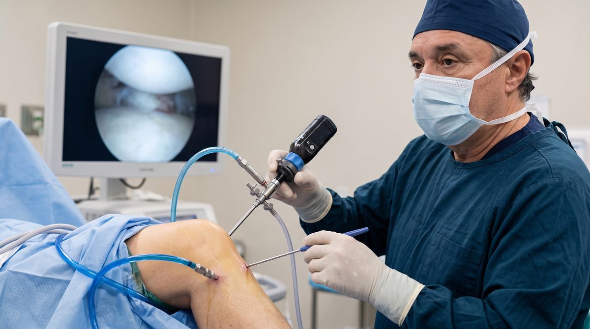 El Dr. Guzmán opera una rodilla por artroscopia mirando la imagen de la cámara en el monitor