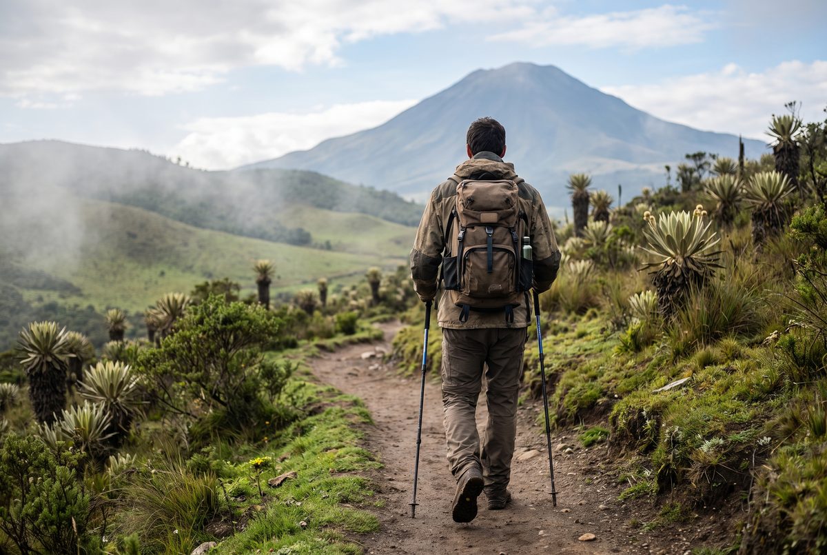 Hombre de espaldas caminando por un sendero del páramo