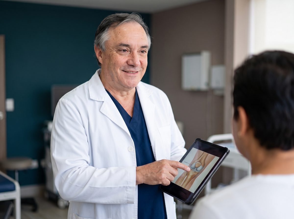 El Dr. Guzmán explica en una tableta la imagen de una rodilla a un paciente