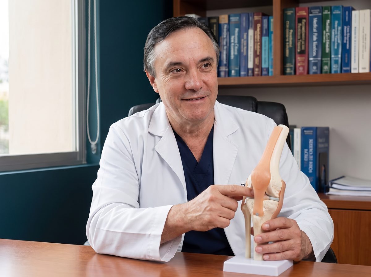 El Dr. Guzmán en su estudio explicando con una maqueta de rodilla