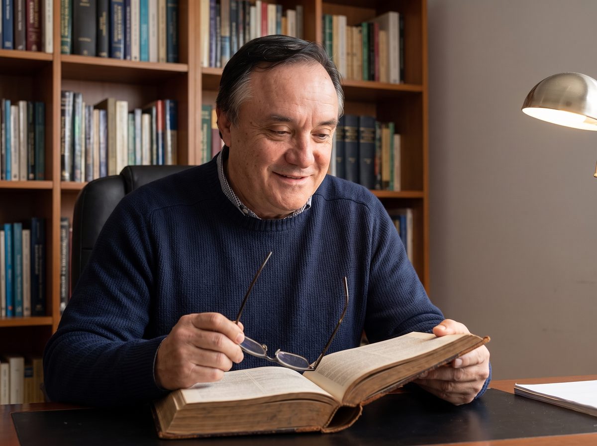 El Dr. Guzmán lee un libro antiguo de historia de la medicina en su estudio, con su biblioteca al fondo