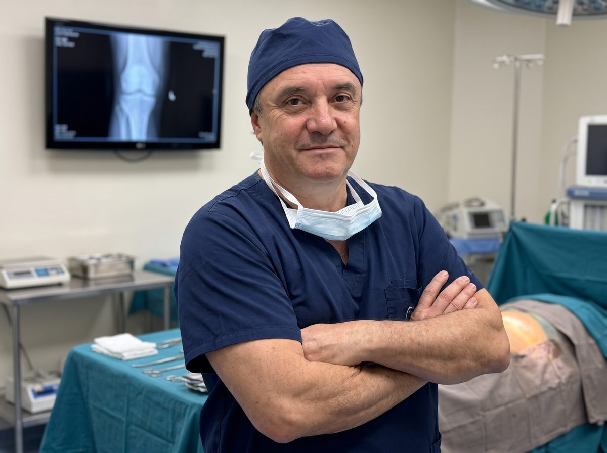 El Dr. Guzmán, con pijama y gorro de quirófano, de brazos cruzados antes de una cirugía