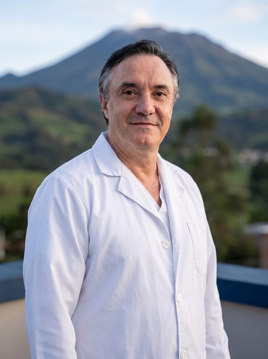 El Dr. Guzmán, con bata blanca, en una terraza de Pasto con el volcán Galeras al fondo