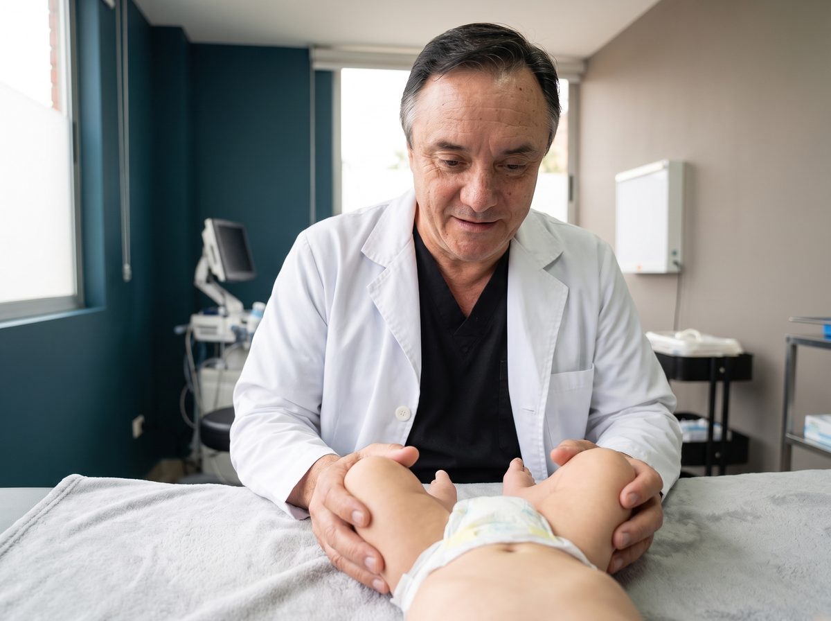 El Dr. Guzmán revisa con cuidado las caderas de un bebé, con las piernas dobladas en posición de rana