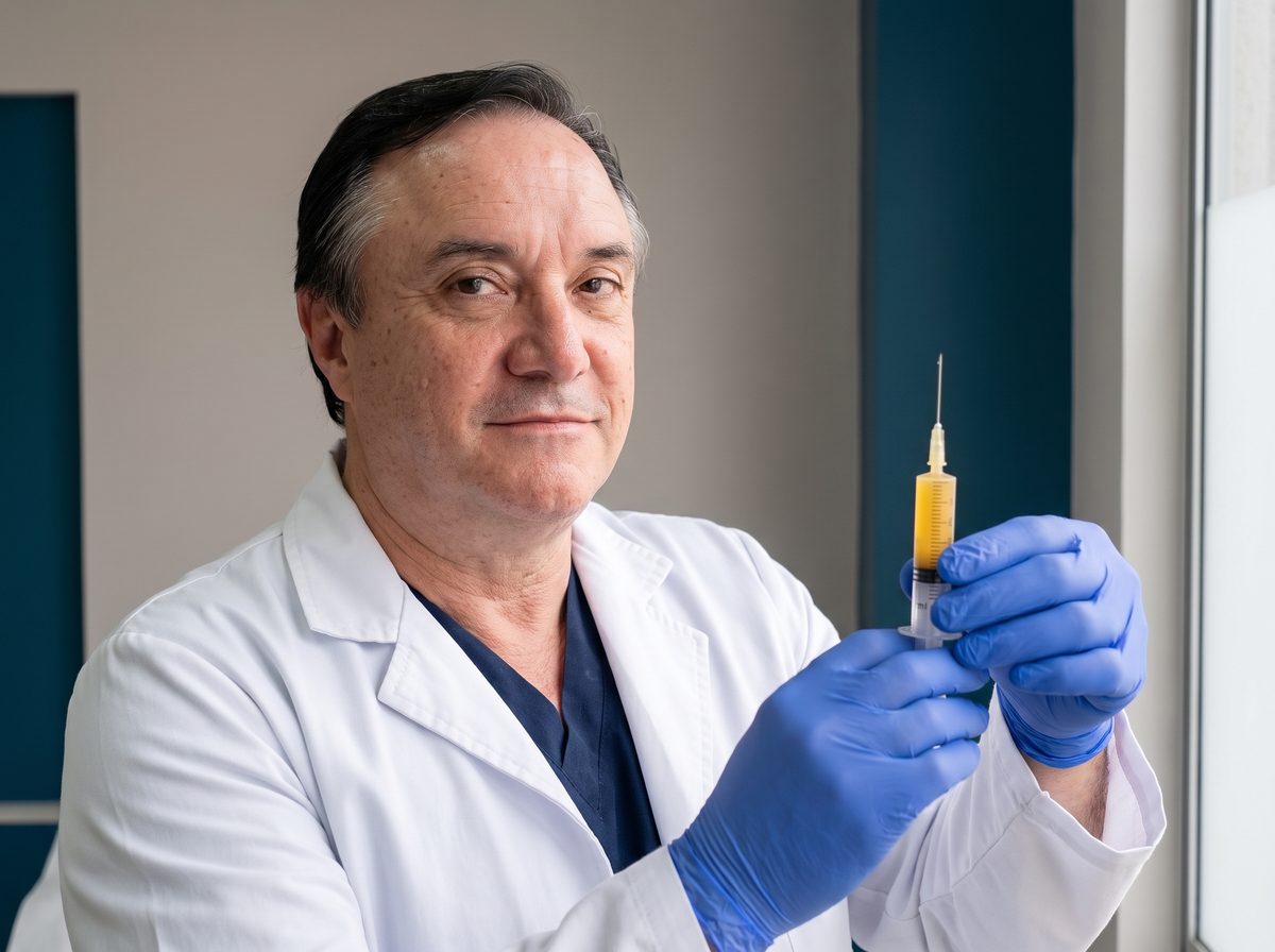 El Dr. Guzmán, con guantes, revisa a contraluz una jeringa pequeña con plasma rico en plaquetas