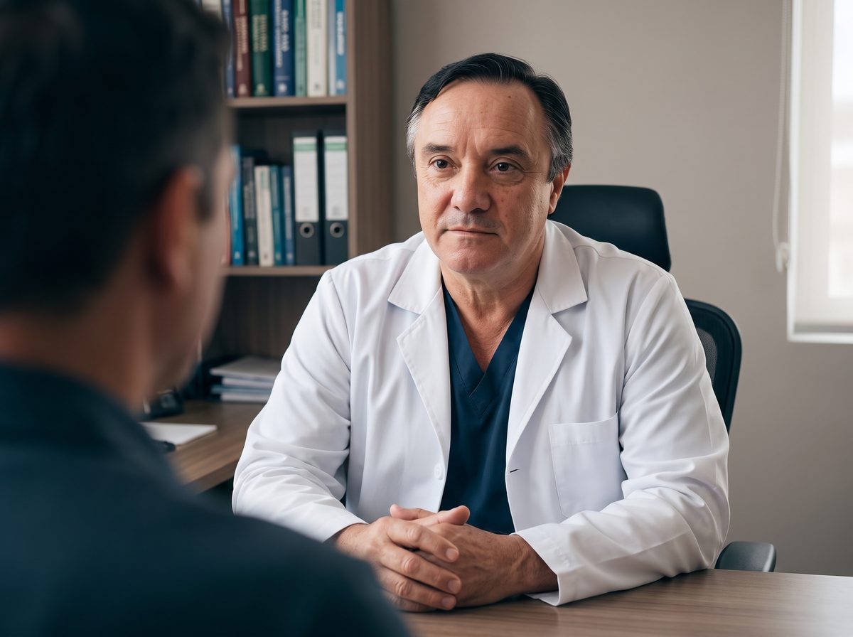 El Dr. Guzmán escucha con atención a un paciente sentado frente a su escritorio
