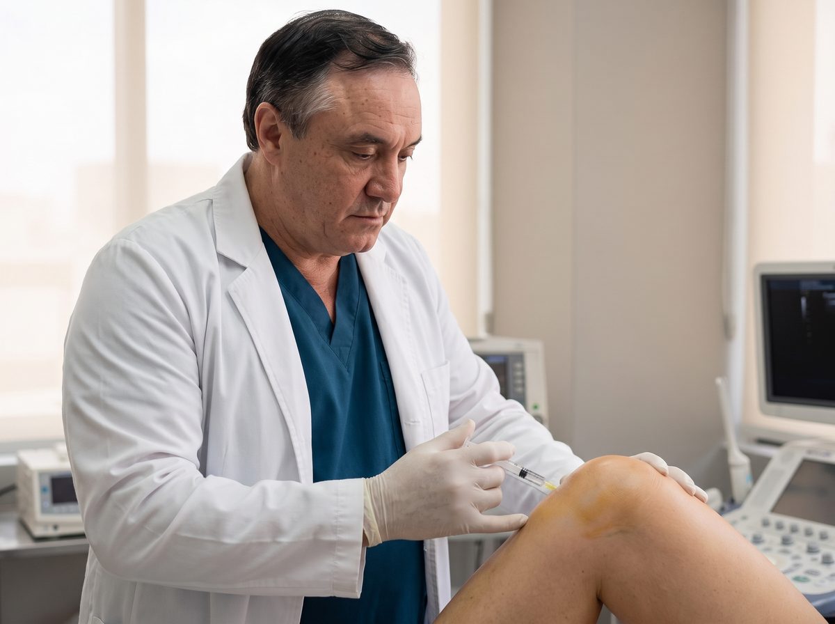 El Dr. Guzmán, con bata y guantes, infiltra la rodilla de un paciente en la consulta