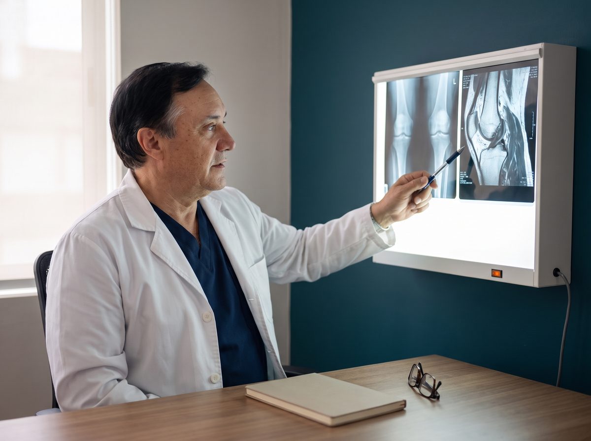 El Dr. Guzmán, sentado ante el negatoscopio, señala con un bolígrafo la articulación